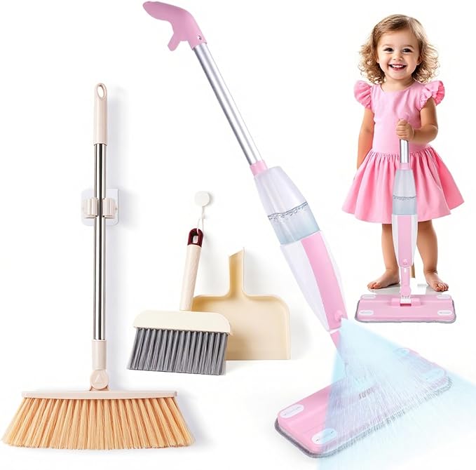 Kids Spray Mop, Toddler Mop Cleaning Set, Real Working Mini Mop & Kids Broom by Lullulii