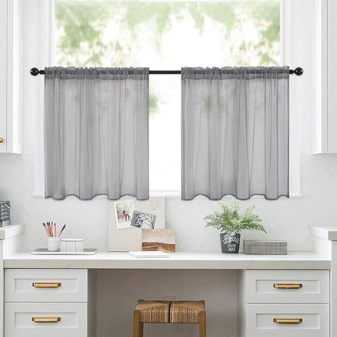 MIULEE 2 Panels Kitchen Tiers Half Window Sheer Curtains Rod Pocket Voile Drapes for Kitchen Bathroom Small Windows 29 by 24 Inch Charcoal Grey
