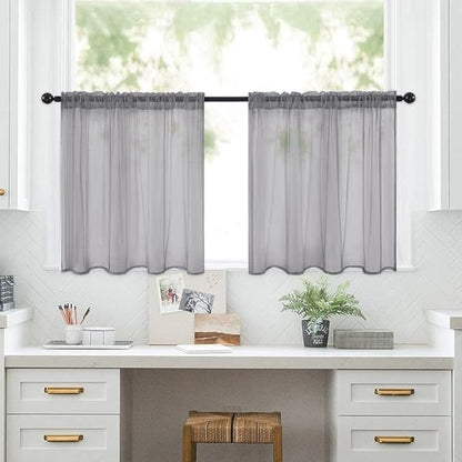 MIULEE 2 Panels Kitchen Tiers Half Window Sheer Curtains Rod Pocket Voile Drapes for Kitchen Bathroom Small Windows 29 by 24 Inch Charcoal Grey