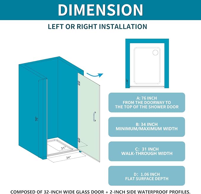 Framelss Hinged Shower Door, 3/8" Tempered Glass - Image 4