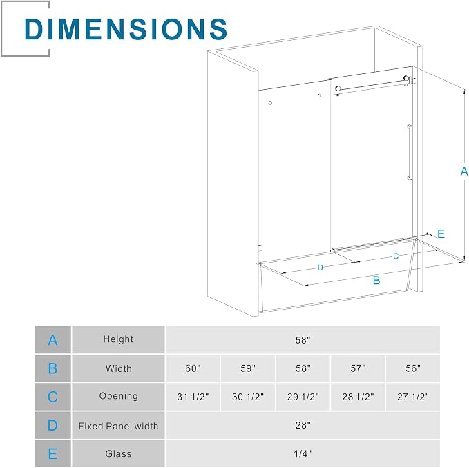 Frameless Sliding Bathtub Door 60" W x 58" H, 1/4" Clear Tempered Glass - Image 7