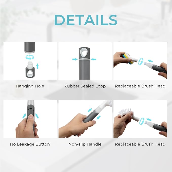 Dish Brush with soap Dispenser，4 PCS Replacement Brush Refills dishwashing - Image 6