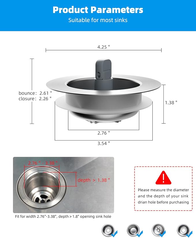 Hibbent 2 Pack 3 in 1 Kitchen Sink Drain Strainer and Stopper Combo, Stainless - Image 7