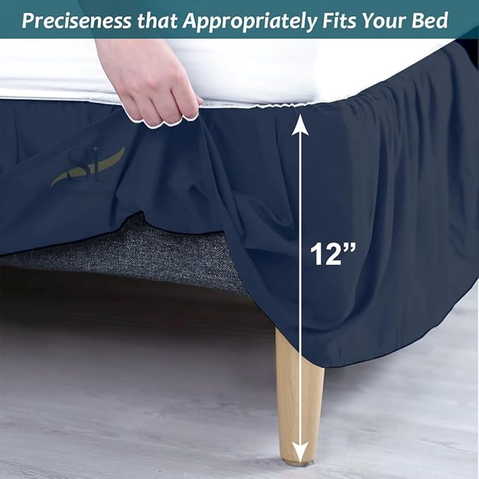 Shreem Linen Ruffled Bed Skirt with Split Corners, Gathered Style, 100% Microfiber, 12-Inch Drop, Dust Ruffle Bedskirt with Platform, Twin-XXL, Navy Blue