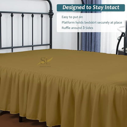 Shreem Linen Ruffled Bed Skirt with Split Corners, Gathered Style, 100% Microfiber, 12-Inch Drop, Dust Ruffle Bedskirt with Platform, King, Taupe