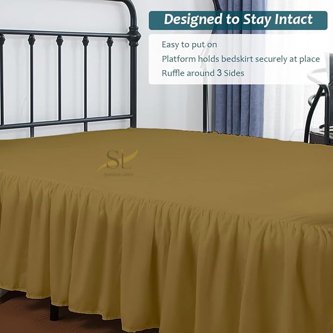 Shreem Linen Ruffled Bed Skirt with Split Corners, Gathered Style, 100% Microfiber, 15-Inch Drop, Dust Ruffle Bedskirt with Platform, Full, Taupe