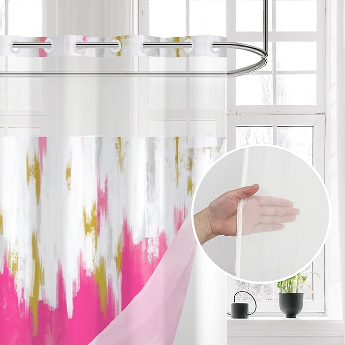 No Hook Shower Curtain with Snap in Liner, Hotel Style Hot Pink White Gold - Image 3