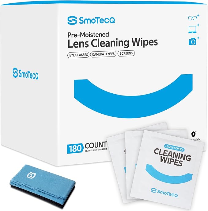 SmoTecQ Lens Wipes for Glasses, 180 Individually Wrapped Eyeglass Cleaning Wipes by SmoTecQ
