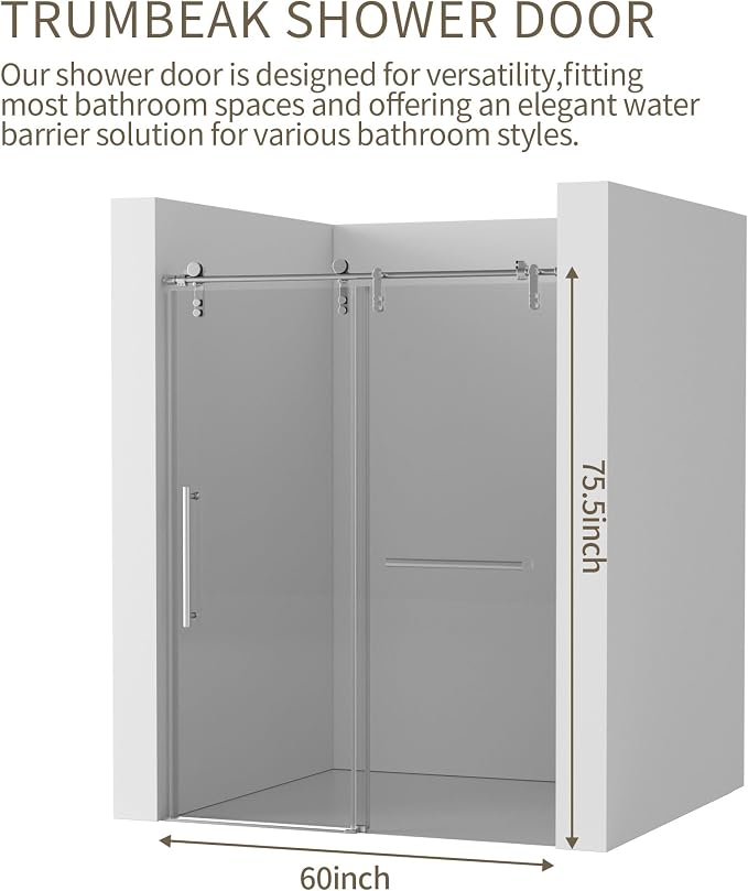 56-60" W x 76" H Frameless Shower Door, Sliding Shower Door - Image 6