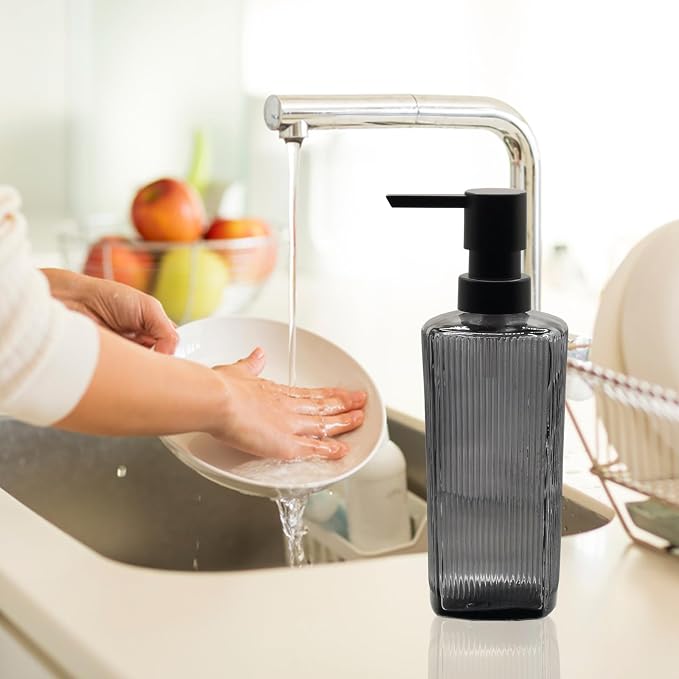 Grey Glass Soap Dispenser with Black Plastic Pump, 12oz Lotion Dish Dispenser - Image 6