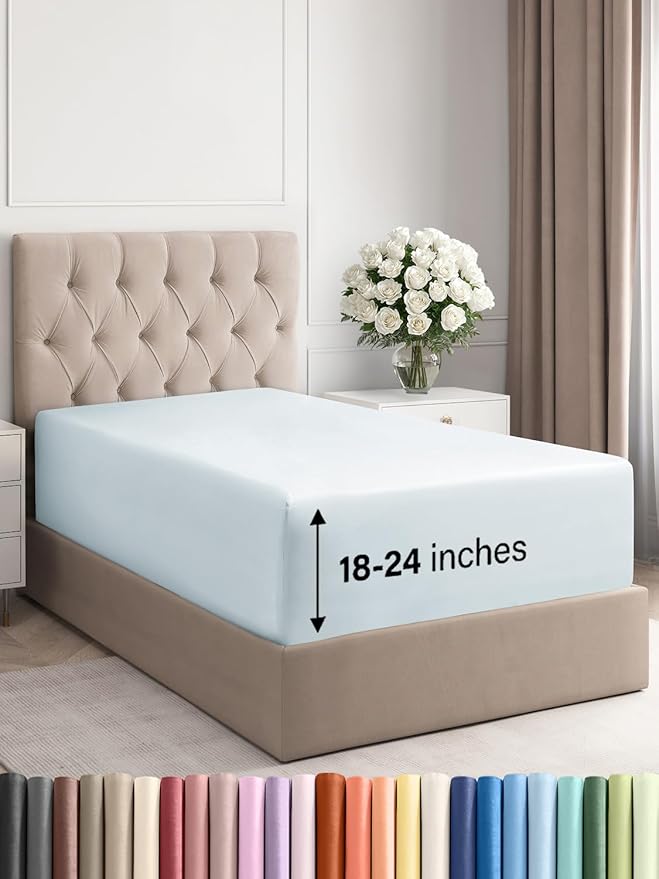 Extra Deep Twin XL Fitted Sheet - Hotel Luxury Single Fitted Sheet Only - Easily Fits 18 inch to 24 inch Mattress - Ultra Soft, Wrinkle & Fade Free w/Extra Deep Pocket - Breathable & Comfy - Ice Blue