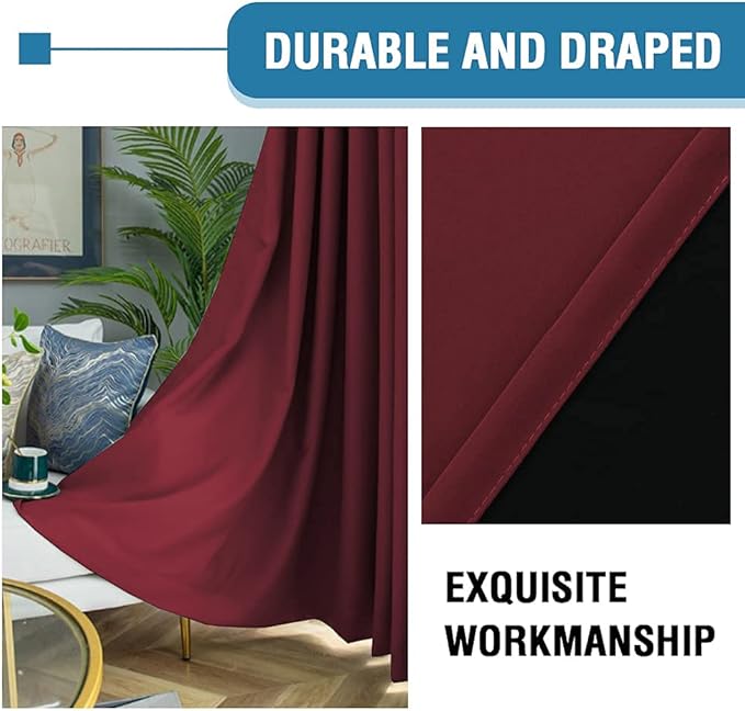H.VERSAILTEX 100% Blackout Curtains for Bedroom Thermal Insulated Blackout Curtains 63 inch Length Heat and Full Light Blocking Curtains for Living Room with Black Liner 2 Panels Set, Burgundy