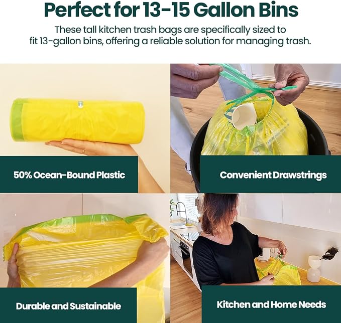 13 Gallon Trash Bags with Drawstrings, 40 Bags Made from 50% Recycled Plastic - Image 3