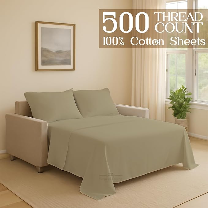Sleeper Sofa 4 Piece Bed Sheet Set Premium Quality 100% Cotton 500 Thread Count, Smooth & Super Soft Sateen Weave, Extra Soft Bed Sheets, Wrinkle Free, 6 Inch Deep Pocket (Full, Beige)