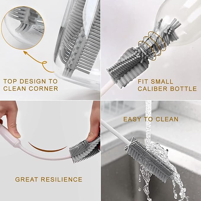 Bottle Cleaning Brush Set, Long Handle Silicone Cleaner Brushes + Thermos Lid - Image 3