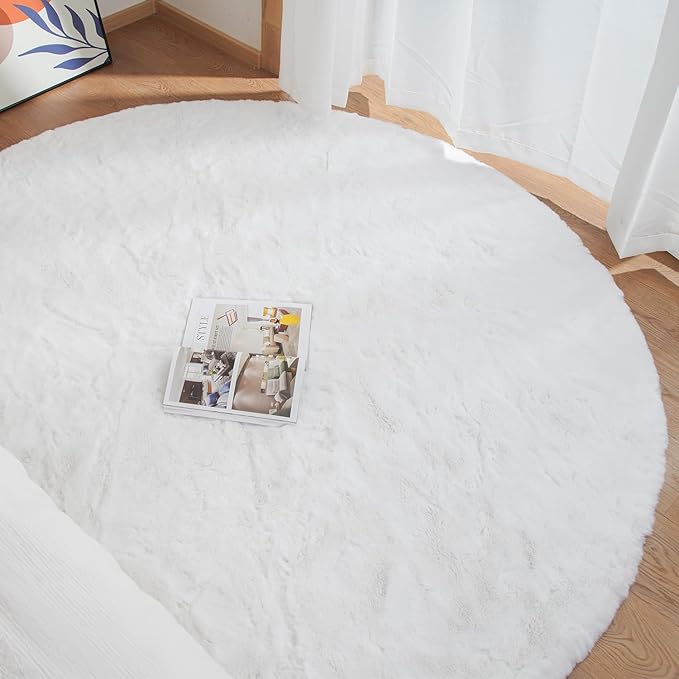 White Shag Round Rugs 8ft for Dining Room Table Faux Bunny Machine Washable Fur Area Rugs for Bedroom Living Room Nursery Circle Rug