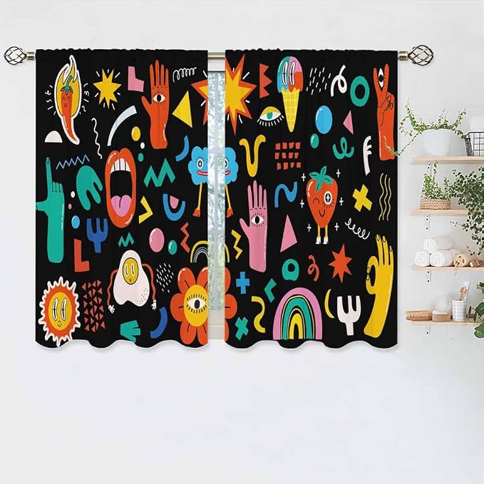 Cartoon Retro Symbol Kitchen Curtains Funny Crazy Abstract Shapes Hipster Music - Image 5