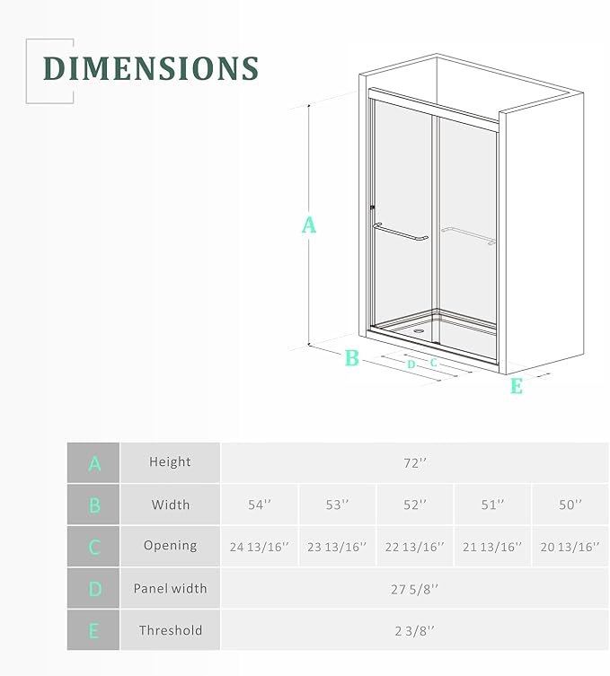 Brushed Gold 50-54'' x 72'' Semi-Frameless Glass Shower Door, Bathroom Sliding - Image 4