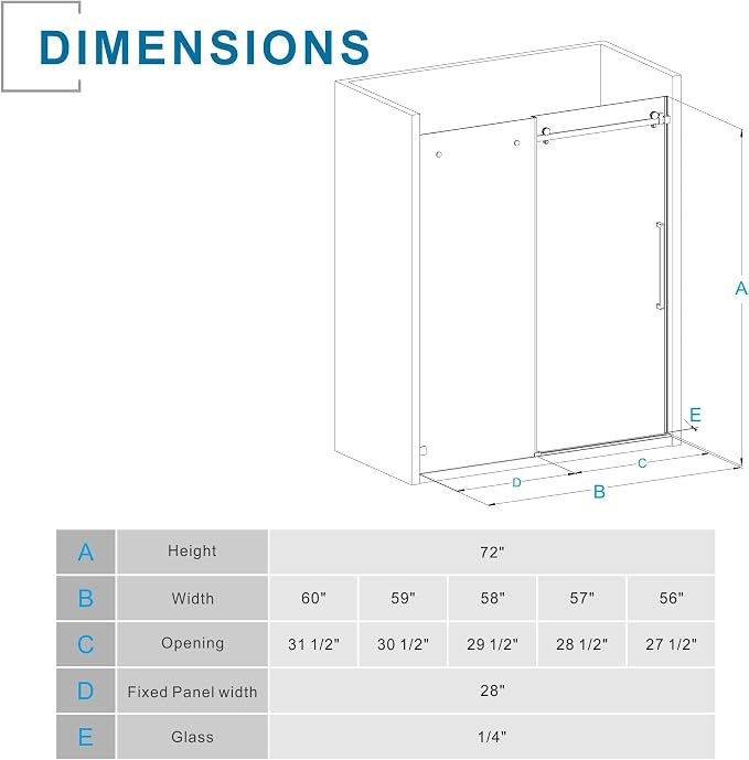 Frameless Shower Door 60" W x 72" H, 1/4" Clear Tempered Glass, Sliding Design - Image 7