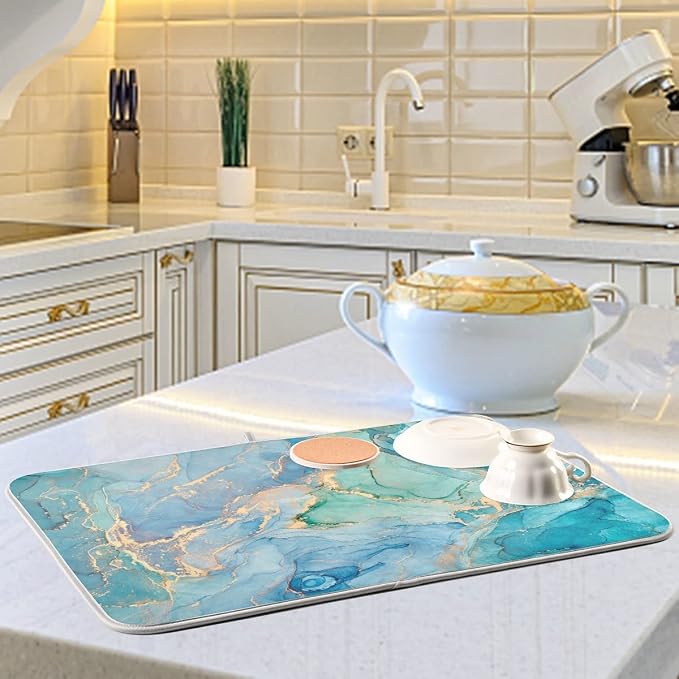 Marble Dish Drying Mat for Kitchen Counter Blue Teal Turquoise Gold Drying Mat - Image 6