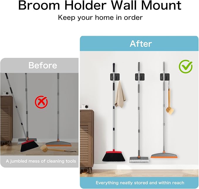 nacena 4 Pack No Drill Self Adhesive Broom Mop Holder Wall Mount - Image 4