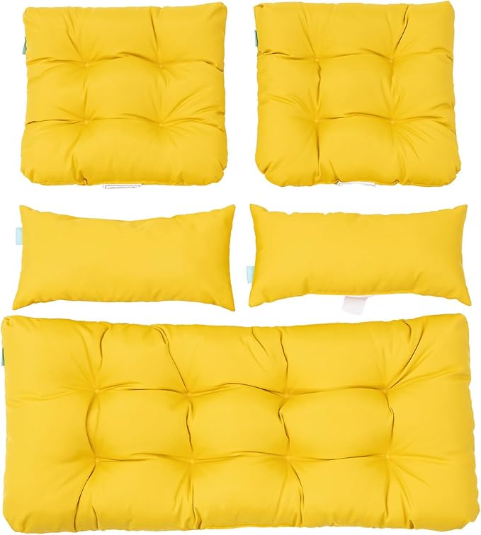 QILLOWAY Outdoor Patio Wicker Seat Cushions Group Loveseat/Two U-Shape/Two Lumbar Pillows for Patio Furniture,Wicker Loveseat,Bench,Porch,Settee of 5 (Yellow)