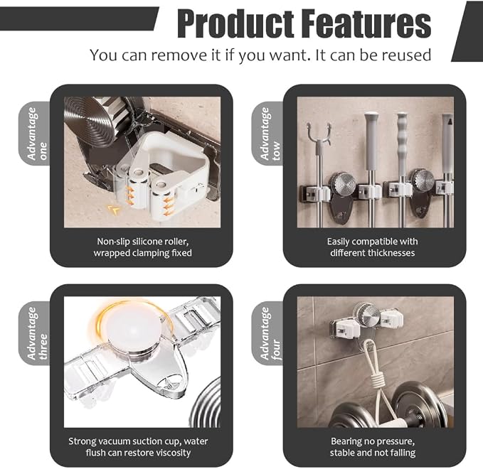 Broom and Mop Holder Wall Mount 2PCS Suction Cup Organizer - Image 5
