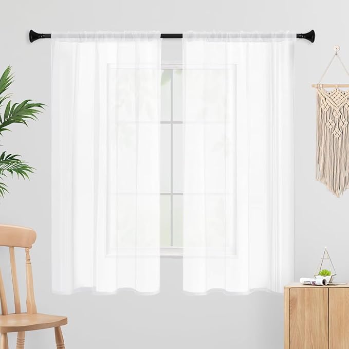 White Sheer Curtains 45 Inches Long 2 Panels, Rod Pocket Short Curtain for Kitchen, Bedroom, Cafe Window(White 38" W x 45" L)