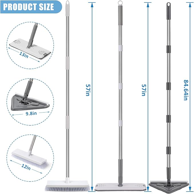 Mops for Floor Cleaning with 57" Long Handle, Scrub Brush, Wall Cleaner Mop - Image 2