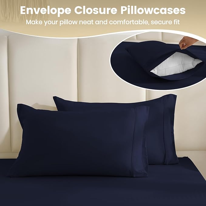 California King Sheet Set Deep Pocket - 4 Piece Silky Soft Breathable Bed Sheet & Pillowcase Set, Hotel Luxury Wrinkle Free Cooling Bedding Sheets Cal King Size, Dark Blue