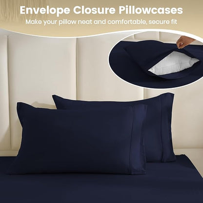 California King Sheet Set Deep Pocket - 4 Piece Silky Soft Breathable Bed Sheet & Pillowcase Set, Hotel Luxury Wrinkle Free Cooling Bedding Sheets Cal King Size, Dark Blue