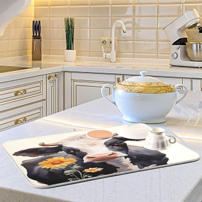 Dish Drying Mat Kitchen Counter Absorbent Flower Cow Coffee Sink Mat Dish - Image 6