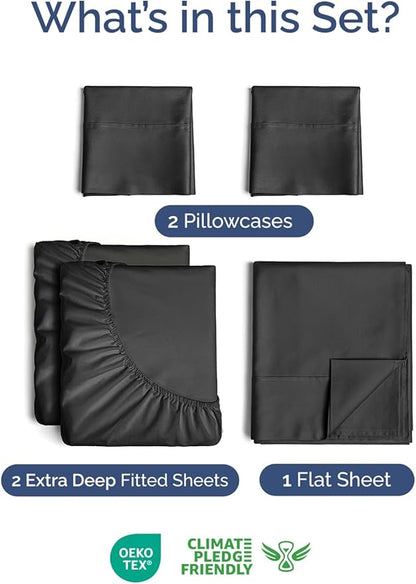 Extra Deep Pocket Split King Sheets - 5 Piece Breathable & Cooling Bed Sheets - Hotel Luxury Bed Sheet Set - Soft, Wrinkle Free & Comfy - Easily Fits Extra Deep Mattresses - Deep Pocket Black Sheets