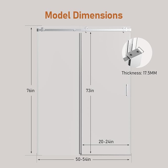 50-54 Inch Frameless Sliding Shower Door, 5/16" Clear Tempered Glass, Smooth - Image 2