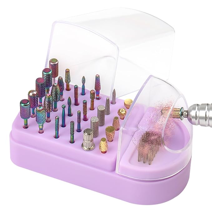 Nail Drill Bits Holder 2 in 1 Nail Drill Bits Cleaning Brush Case, 30 Holes by YINGJEE