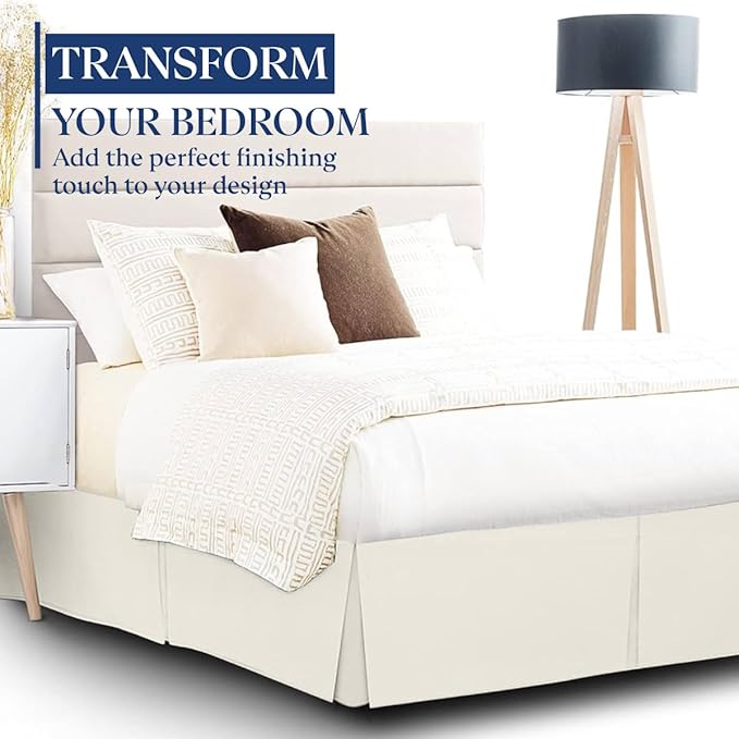 SKY BEDDINGS Luxury Pleated Queen Bed Skirt with Split Corners - 12 Inch Tailored Drop - Pleated Dust Ruffle - Wrinkle-Free 100% Microfiber - Easy Fit, Soft & Durable - Ivory