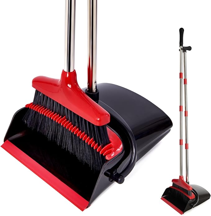 Broom and Dustpan Set with Long Handle, Light Weight Stainless Steel Poles by XXFLOWER
