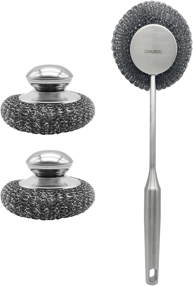 Stainless Steel Wool Scrubber Set, Long Handle & Handle Brushes, Metal Brush - Image 2