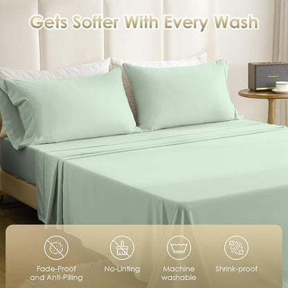 Breathable Cooling Full Sheet Set - Hotel Luxury 4 Piece Deep Pocket Sheets for Full Size Bed, Fits 16" Mattress, Easy Care Wrinkle Free Bedding Sheet and Pillowcase Set, Sage Green