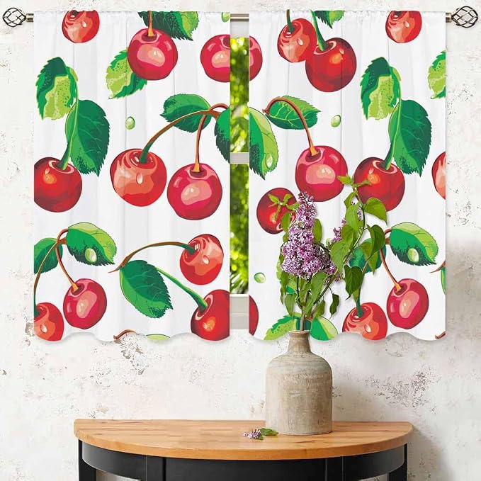 Red Cherry Kitchen Curtains Sweet Ripe Fruit Fresh Juicy Berry Short Tier - Image 6