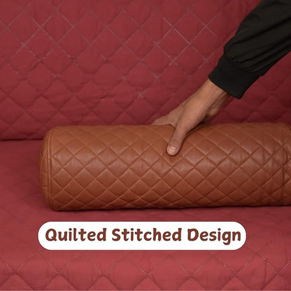 Neck Roll Pillow Cushion Cover, 24x7 Inch Full Moon Round Bolster Pillow Case, Cylinder Soft Lambskin Leather Pillowcase for Head, Spine & Neck Support During Sleep - Quilted Brown Pack of 1