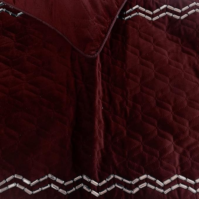 The HomeCentric King Queen Twin Deep Wine Handmade Full 68"x18" Bed Runner with Pillow Cover, Quilted & Crystals Bed Scarf on Velvet Fabric - Diamond Symphony