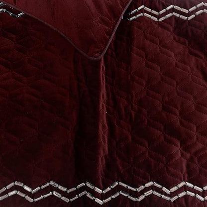 The HomeCentric King Queen Twin Deep Wine Handmade Full 68"x18" Bed Runner with Pillow Cover, Quilted & Crystals Bed Scarf on Velvet Fabric - Diamond Symphony