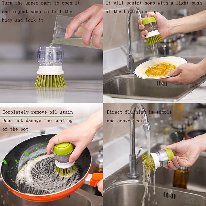 Dish Brush with Soap Dispenser, Dishwashing Kitchen Scrub Brushes Dish Scrubber - Image 5