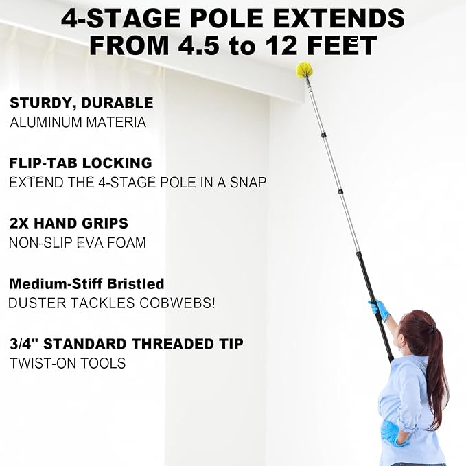 4-12ft Cobweb Duster with Extension Pole, 20 Foot High Reach Feather Dusters - Image 2