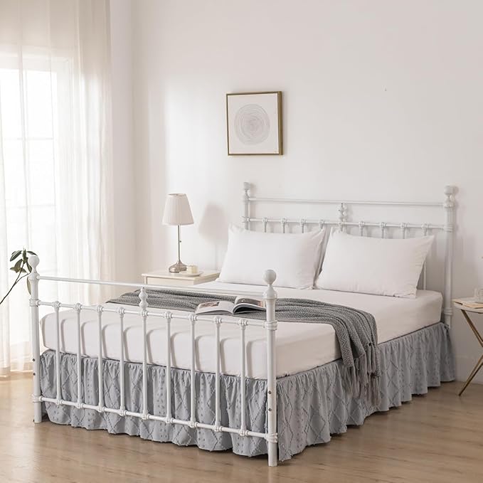 Bed Skirt Full Size Ruffled Bed Skirt with Split Corners, 14 Inch Drop Dust Ruffle Bed Skirts with Platform, Boho Tufted Shabby Chic Full Size Bed Skirts, Light Grey
