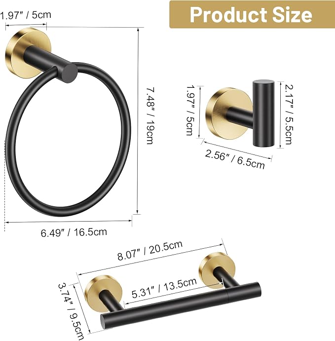 Black Gold Bathroom Hardware Set, 4-Piece Towel Holder Set Include Double Bases - Image 6