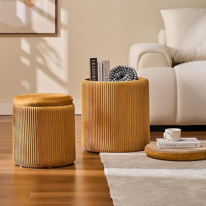 Round Set of 2 Ottoman with Storage-Upholstered Velvet Vanity Stool - Image 2