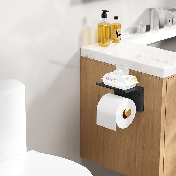 Toilet Paper Holder with Shelf, Adhesive or Screw Wall Mount Toilet Paper Roll - Image 2