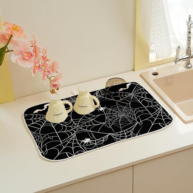 Halloween Dish Drying Mat 18 x 24 Inch Bat Spider Web Drying Mat - Image 4